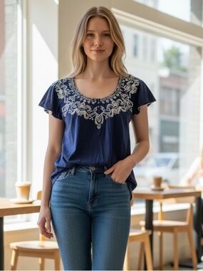 JM Collection // Embroidered Scoop-Neck Flutter Sleeve Blouse in Navy